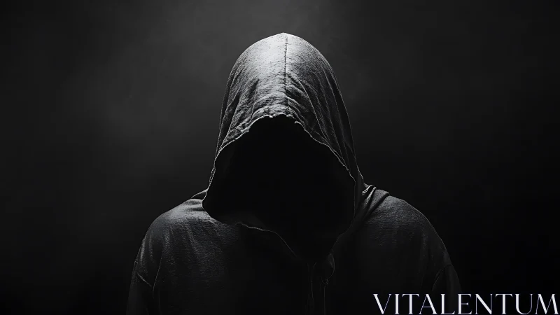 Hooded figure in low key lighting conceals identity completely