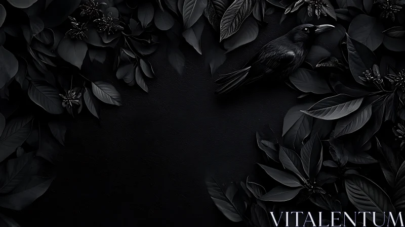 Monochrome black bird and foliage on dark textured surface.