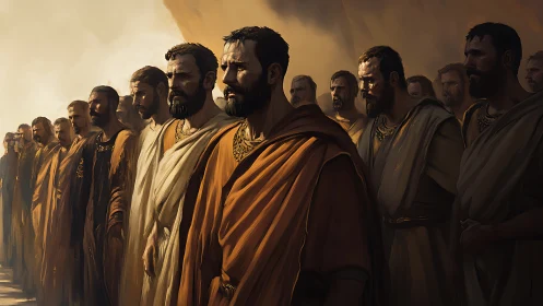 Procession of robed men in warm directional light at dusk.