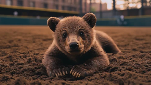 Young brown bear lying on textured infield dirt surface.