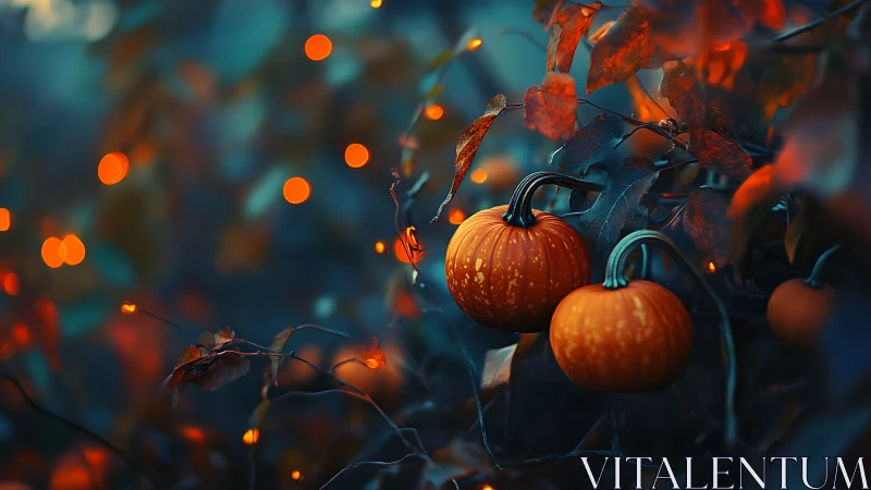 Moody shallow-focus pumpkins glow amid teal-toned foliage