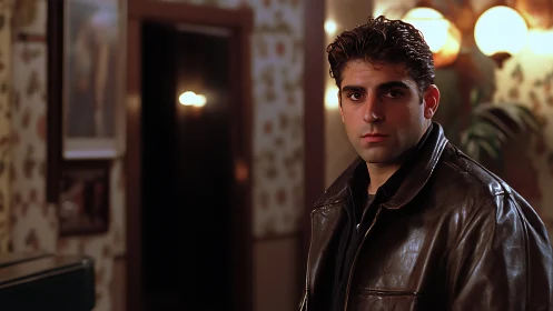 Young man in brown leather jacket stands in warmly lit interior