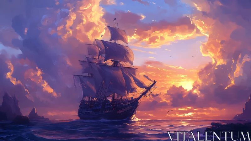 Storm-kissed galleon chasing molten sunset horizons at sea.