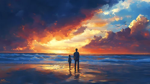 Stormlit shoreline stroll under a blazing watercolor sky.