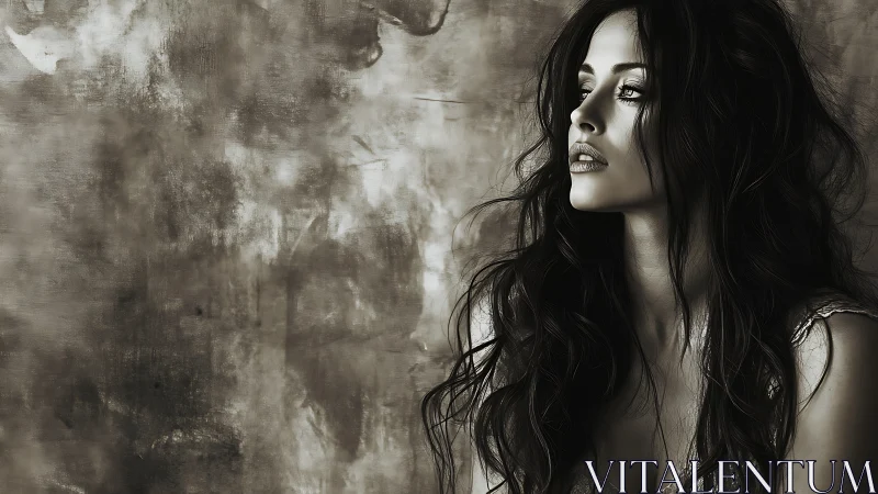 Storm-eyed muse in sepia silence, pausing between heartbeats.