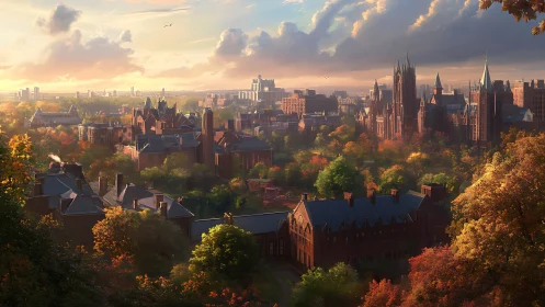 Golden hour over a storybook university cityscape.