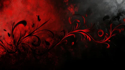 Crimson floral swirls dance across deep red and shadowed black