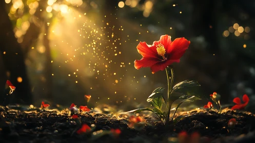 Backlit red blossom emerging from forest floor in bokeh glow.