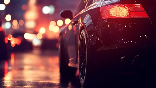 City streets glow softly around a sleek parked sports car