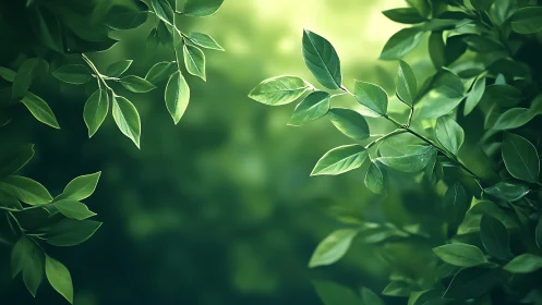 Sunlit green leaves drifting in a dreamy forest hush.