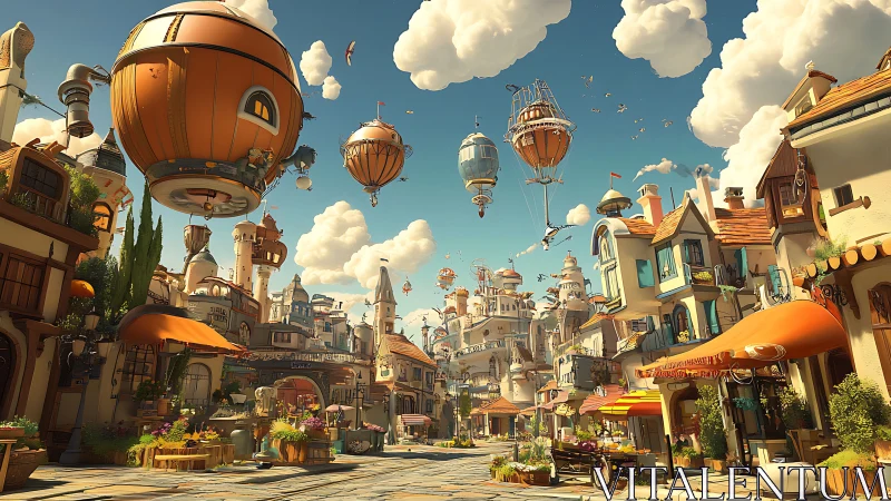 Skyward market lane under whimsical airship balloons.