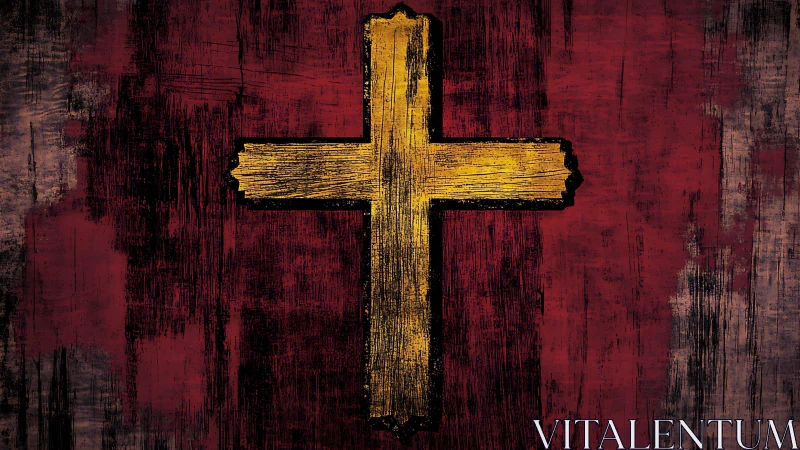Weathered yellow cross on distressed red painted surface.