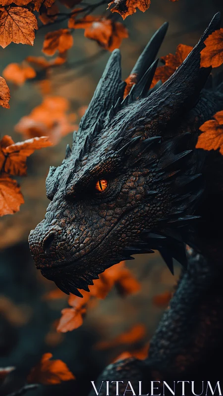 Gentle autumn dragon watching quietly through orange leaves.