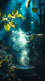 Mystic teal vapor rising from ceramic bowl in sunlit foliage.