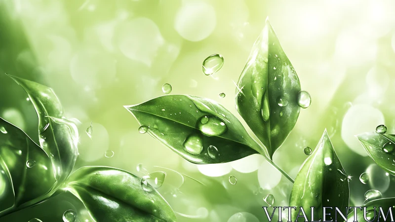 Fresh green leaves hold dewdrops against luminous bokeh light