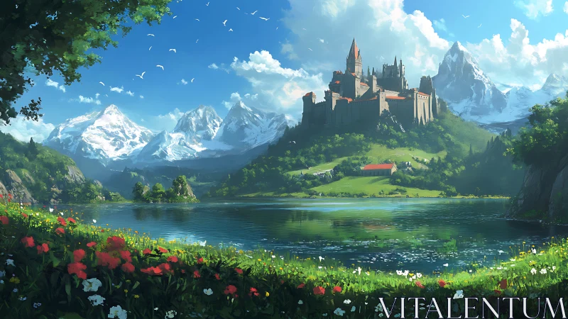 Sunlit castle above a calm alpine lake of bright wildflowers.