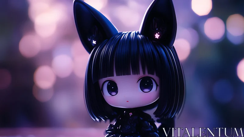 Chibi cat-eared doll glows softly against violet bokeh night