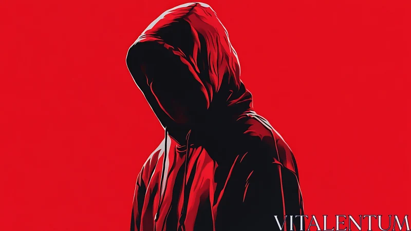 Hooded silhouette rendered against stark red background.
