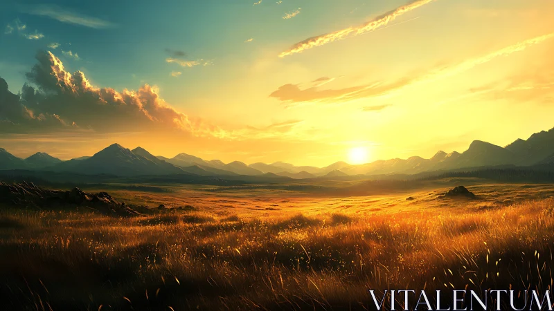 Golden prairie sunset over distant blue mountain range.