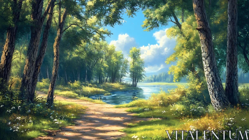 Luminous Forest River Path Through Ancient Woodland.