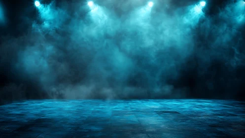 Blue haze stage waits beneath drifting theatrical lights.