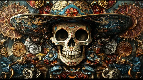 Ornate sugar skull in sombrero celebrates vivid afterlife