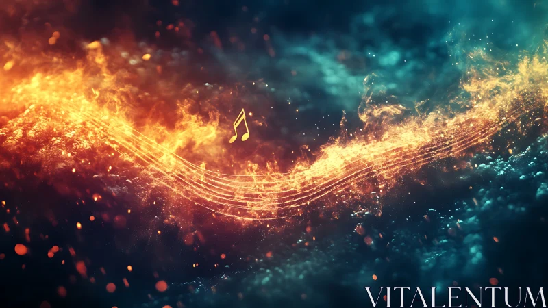 Fiery music staff arcs through teal cosmic haze.