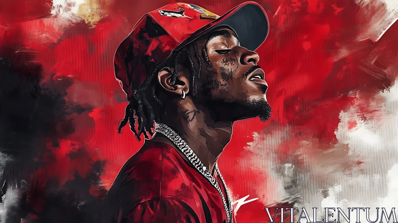 Crimson rap reverie with a dreamer crowned in urban light.