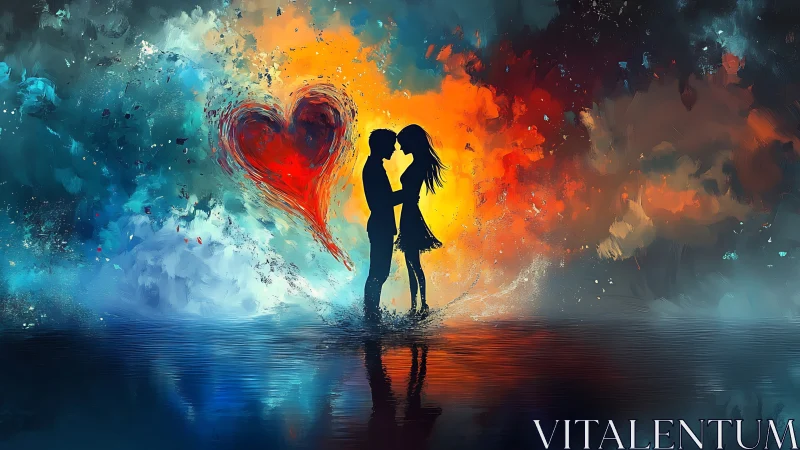 Silhouetted lovers embrace beneath luminous heart and swirling fire sky.
