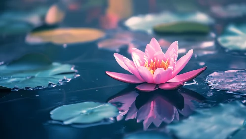 Pink water lily floats on calm pond with soft reflection