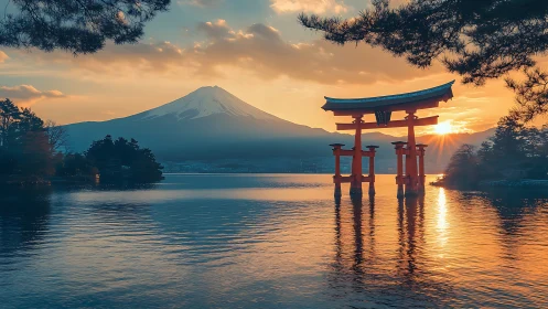 Torii gate on lake with mountain backdrop at sunset.