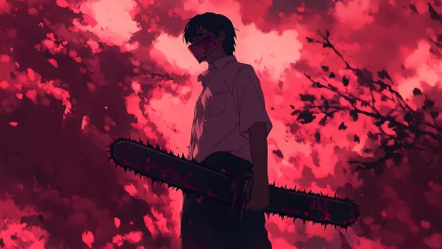 Storm-lit teen stands ready with chainsaw in red dusk