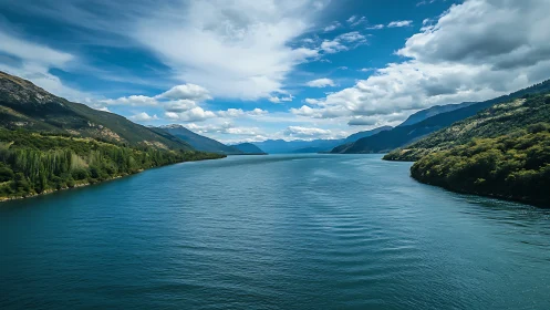 Gentle mountain lake wrapped in sky and quiet hills.