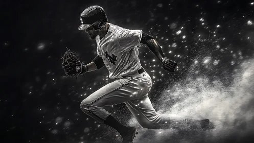 Streaking baseball runner carves light from storming dust.