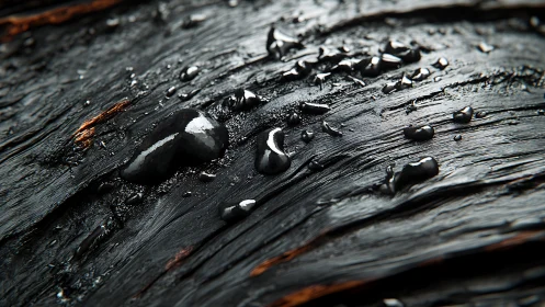 Oil droplets glisten across charred wood grain surface.