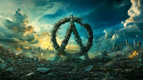 Apocalyptic wasteland encircles colossal debris peace emblem.