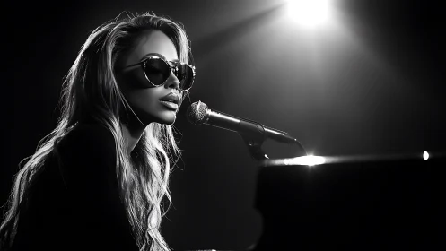 Singer at microphone with piano in monochrome stage lighting.
