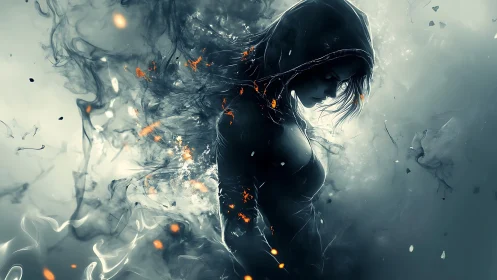 Hooded female figure stands amid smoke and scattered embers