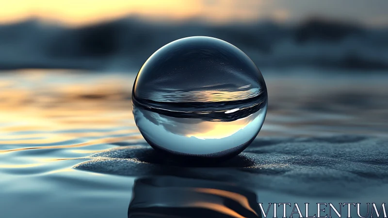 Glowing glass sphere resting on gentle twilight waves.