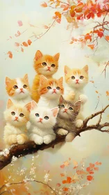Six Kittens on a Branch with Autumn Leaves