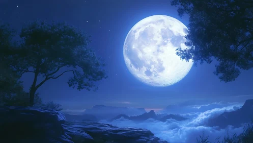 Moonrise above cloud oceans and whispering cliff trees.
