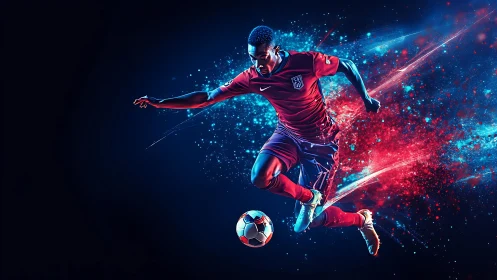 Explosive neon soccer striker in dynamic particle motion.