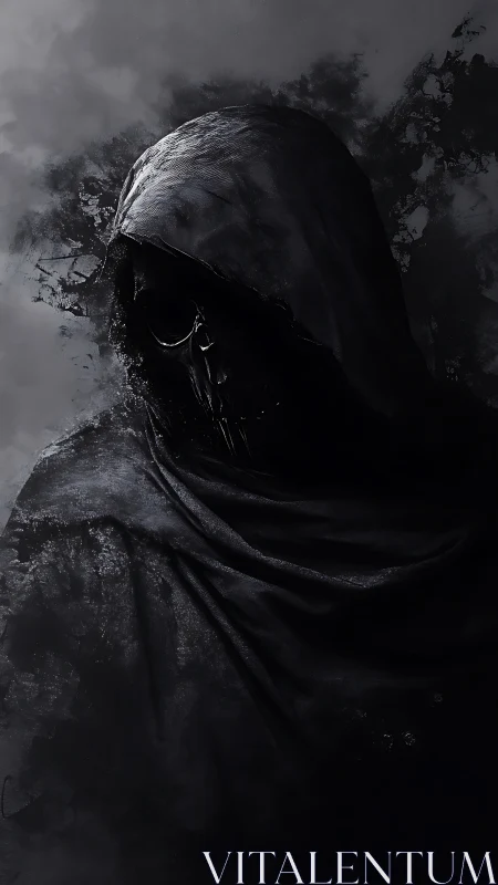 Hooded skeletal wraith in monochrome digital shadows.