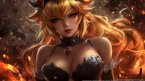 Digital painting of fiery crowned warrior in molten ambience.