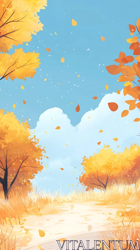 Golden autumn pathway under bright cerulean sky.