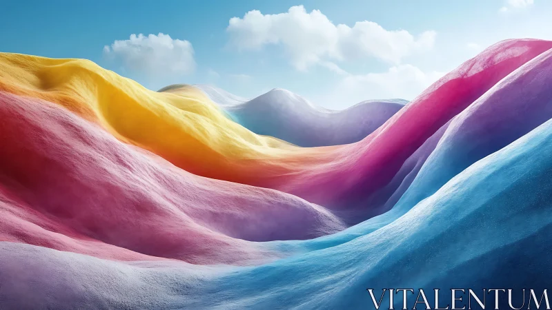 Vivid pastel hills with soft rainbow colored slopes under sky.