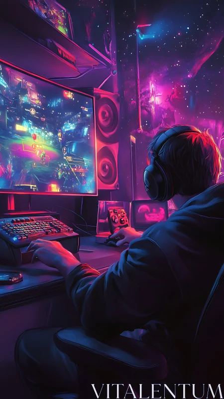 Cyberpunk gamer immersed in neon-lit multi-screen workstation