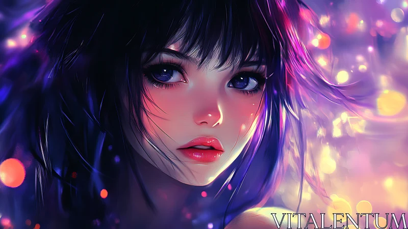 Neon lit anime girl portrait with glowing bokeh lights.