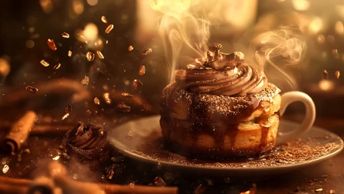 Chocolate pastry with frosting displaying heat distortion and particle dispersal effect