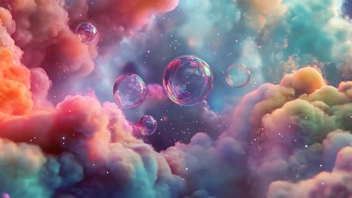 Colorful nebula clouds with floating iridescent bubbles.